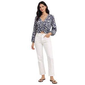 Every Womens Abstract Swirl Ruched Front Crop Top Blue Cream Linen Blend M NWT